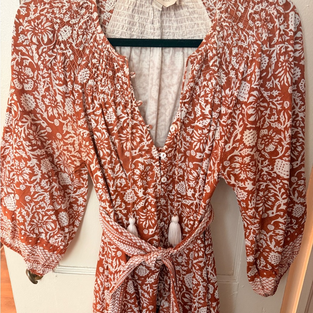 Cleobella Rust and White Floral Long Sleeve Midi Dress